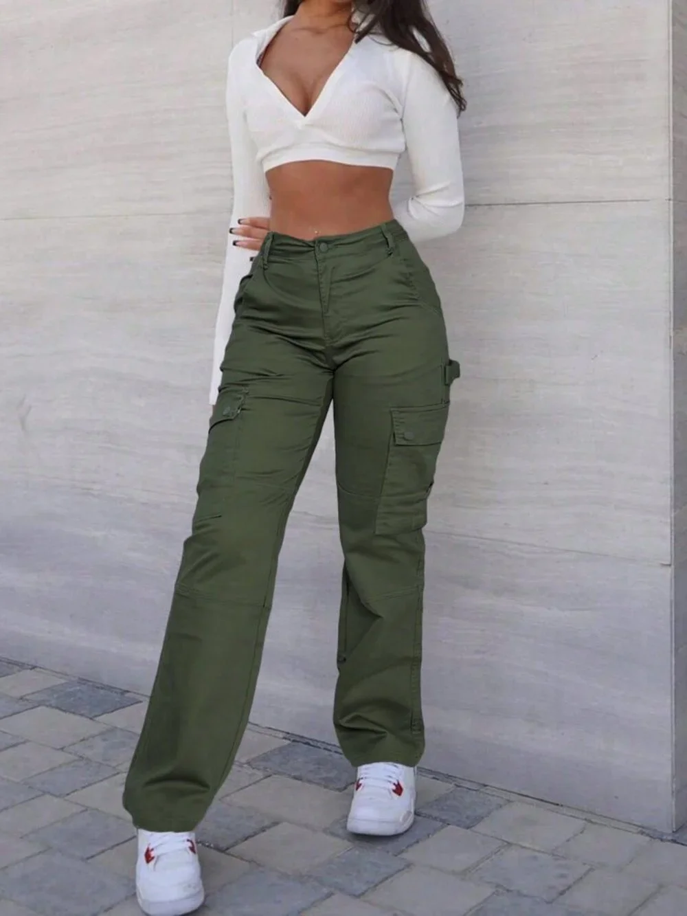 Women's Y2k Style Military Green Multi-Pocket Casual Cargo Pants